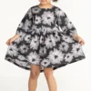 Three Kidswear Black Cotton Poplin Floral Printed Dress For Girls