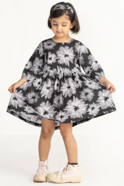 Three Kidswear Black Cotton Poplin Floral Printed Dress For Girls