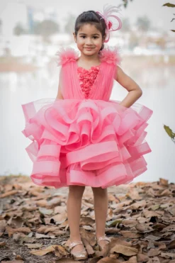 Toplove Pink Net Layered Dress For Girls