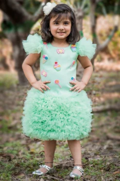 Toplove Mint Net Frilled Dress For Girls