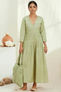 The Right Cut Green Linen Flared Dress