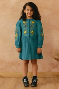 Tribe Kids Teal Cotton Embroidered Dress For Girls