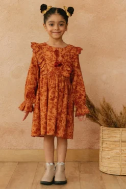 Tribe Kids Orange Cotton Printed & Embroidered Dress For Girls