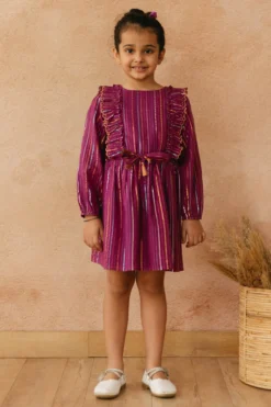 Tribe Kids Purple Cotton Lurex Printed Dress For Girls