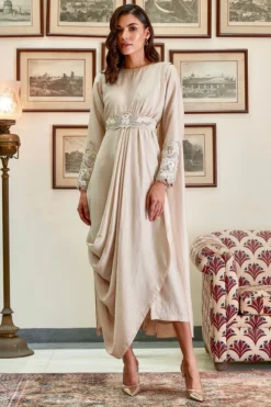 Twinkle Hanspal Ivory Embroidered Saree Dress With Belt