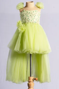 YMKids Neon Green Net Embroidered Dress For Girls