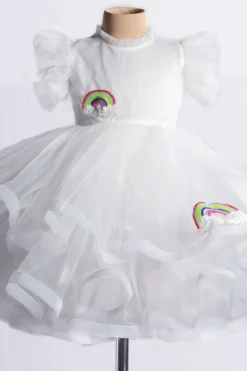 YMKids White Net Embroidered Mini Dress For Girls