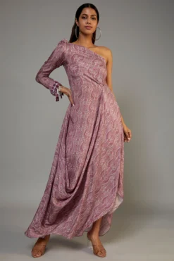 Yogita Kadam Pink Pure Muslin Printed One-Shoulder Cowl Dress