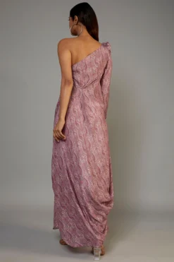 Yogita Kadam Pink Pure Muslin Printed One-Shoulder Cowl Dress -AOZA Wear Style Shop YOKA012330 2