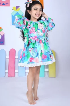 Bagichi Green Printed Dress For Girls