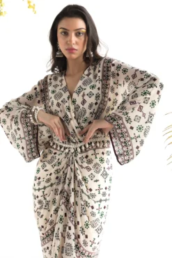 Chhavvi Aggarwal Pret Ivory Draped & Printed Kaftan Dress -AOZA Wear Style Shop chag052213 3