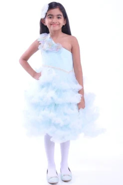 Rani Kidswear Powder Blue One-Shoulder Ruffled Dress For Girls