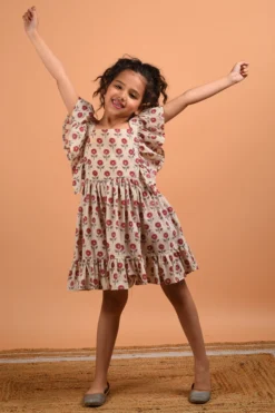 KALP Beige Floral Printed Frilled Dress For Girls