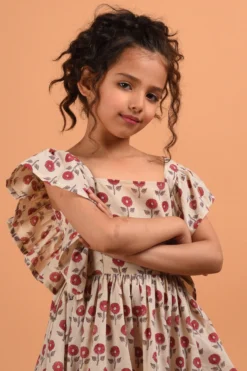 KALP Beige Floral Printed Frilled Dress For Girls -AOZA Wear Style Shop kalpk042202 3