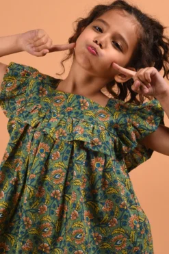 KALP Green Floral Printed Midi Dress For Girls -AOZA Wear Style Shop kalpk042205 3