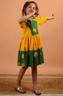KALP Yellow & Green Floral Printed Dress For Girls