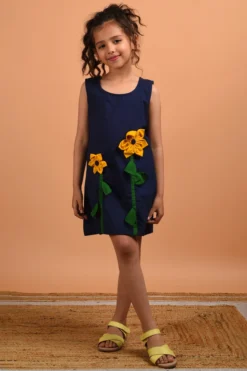 KALP Navy Blue Embroidered Dress For Girls