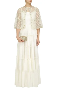 Priyanka Jain Off White Maxi Dress And Embroidered Short Cape Set -AOZA Wear Style Shop pryc06071702 b