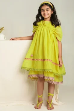 The Right Cut Kids Yellow Embroidered Dress For Girls