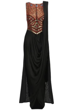 Roshni Chopra Black Pre Draped Saree Dress With Embroidered Jacket