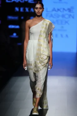 Rajesh Pratap Singh White Striped One Shoulder Saree Dress