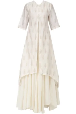 Samant Chauhan Off White Block Print Asymmetric Kurta With Maxi Dress