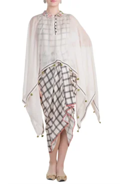 Soup By Sougat Paul Ivory Draped Dress With Tasseled Cape -AOZA Wear Style Shop sbsp021992 2