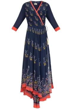 Soup By Sougat Paul Indigo Blue Printed Embroidered Wrap Dress
