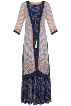 Soup By Sougat Paul Indigo Blue Embroidered Printed Maxi Dress With Off White Jacket