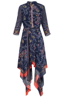 Soup By Sougat Paul Indigo Blue Embroidered Printed High Neckline Dress