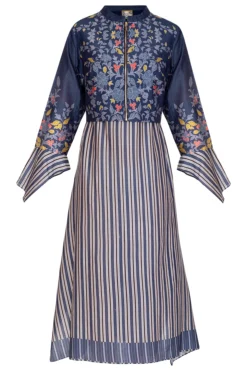 Soup By Sougat Paul Indigo Blue Embroidered Printed Jacket With Midi Dress
