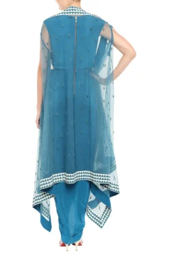 Soup By Sougat Paul Blue Draped Dress With Belt & Hand Embroidered Cape Jacket -AOZA Wear Style Shop sbsp031946 1
