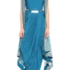 Soup By Sougat Paul Blue Draped Dress With Belt & Hand Embroidered Cape Jacket