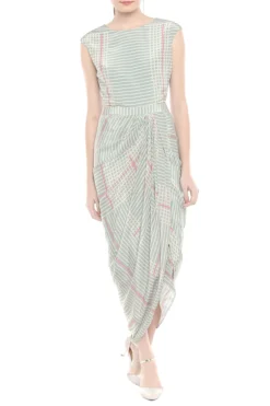 Soup By Sougat Paul Blue & Pink Printed Draped Dress With Asymmetric Jacket