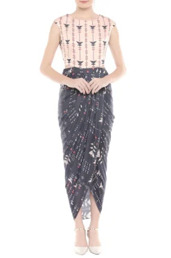 Soup By Sougat Paul Multi Colored Printed Draped Dress With Asymmetric Cape Jacket