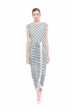 Soup By Sougat Paul Beige & Blue Draped Dress With Embroidered Printed Peplum Jacket