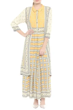 Soup By Sougat Paul Yellow & Beige Printed Maxi Dress With Jacket