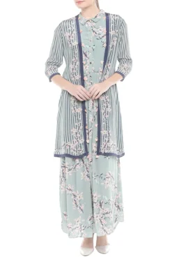 Soup By Sougat Paul Blue Floral Printed Maxi Dress With Jacket