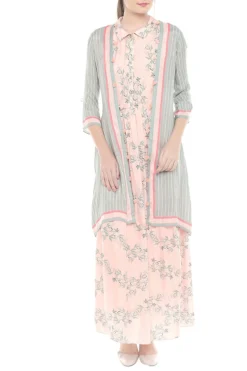 Soup By Sougat Paul Pink & Blue Printed Maxi Dress With Jacket