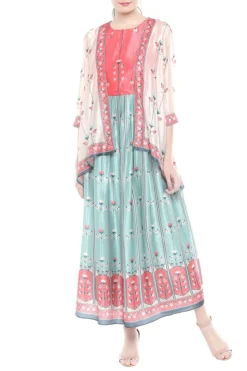 Soup By Sougat Paul Pink & Blue Printed Maxi Dress With Asymmetrical Jacket