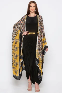 Soup By Sougat Paul Yellow Embroidered Printed Cape Jacket With Black Dress