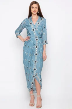 Soup By Sougat Paul Powder Blue Embroidered & Printed Wrap Dress
