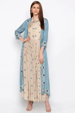 Soup By Sougat Paul Powder Blue Embroidered Beige Jacket With Pleated Dress