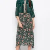 Soup By Sougat Paul Green Printed Dress With Embroidered Jacket