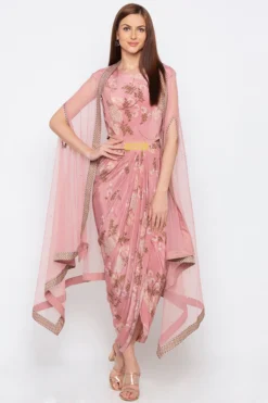 Soup By Sougat Paul Pink Printed & Embroidered Draped Dress With Cape