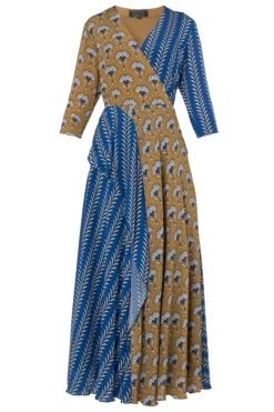 Soup By Sougat Paul Blue And Mustard Printed Maxi Dress
