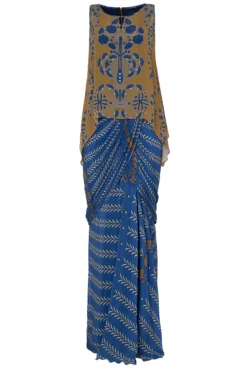 Soup By Sougat Paul Blue And Mustard Floral Printed Saree Dress