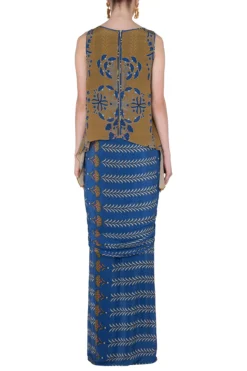 Soup By Sougat Paul Blue And Mustard Floral Printed Saree Dress -AOZA Wear Style Shop sopc081804 c