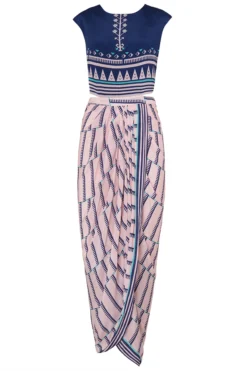 Soup By Sougat Paul Pink And Blue Printed Drape Dress With An Embroidered Cape