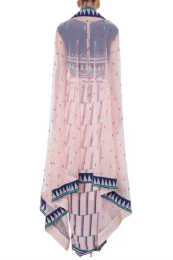 Soup By Sougat Paul Pink And Blue Printed Drape Dress With An Embroidered Cape -AOZA Wear Style Shop sopc081809 c